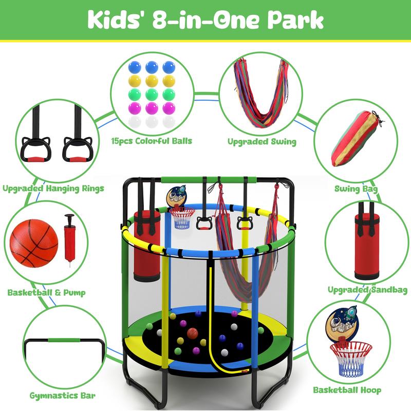 Linkyx Mini Round Trampoline for Kids with Basketball Hoop, 55'' Indoor Outdoor Toddler Trampoline with Enclosure Net, Swing, Sandbag, Ring, Ocean Balls, Small Trampoline Gift for Boys Girls