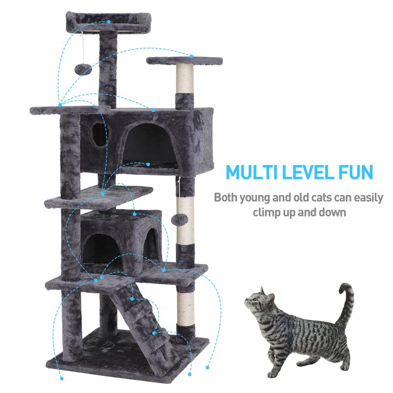 Linkyx 55" Multi-Tier Cat Tree Condo with Plush Perches, Sisal Scratching Posts, and 2 Cozy Hideaways
