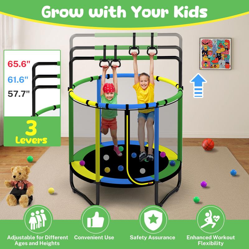 Linkyx Mini Round Trampoline for Kids with Basketball Hoop, 55'' Indoor Outdoor Toddler Trampoline with Enclosure Net, Swing, Sandbag, Ring, Ocean Balls, Small Trampoline Gift for Boys Girls