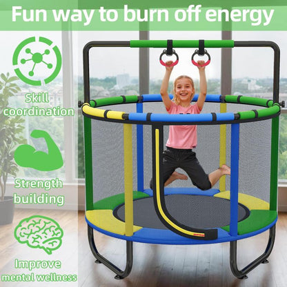 Linkyx Mini Round Trampoline for Kids with Basketball Hoop, 55'' Indoor Outdoor Toddler Trampoline with Enclosure Net, Swing, Sandbag, Ring, Ocean Balls, Small Trampoline Gift for Boys Girls