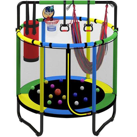 Linkyx Mini Round Trampoline for Kids with Basketball Hoop, 55'' Indoor Outdoor Toddler Trampoline with Enclosure Net, Swing, Sandbag, Ring, Ocean Balls, Small Trampoline Gift for Boys Girls