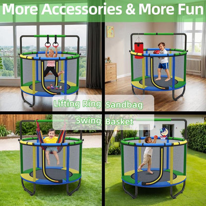 Linkyx Mini Round Trampoline for Kids with Basketball Hoop, 55'' Indoor Outdoor Toddler Trampoline with Enclosure Net, Swing, Sandbag, Ring, Ocean Balls, Small Trampoline Gift for Boys Girls