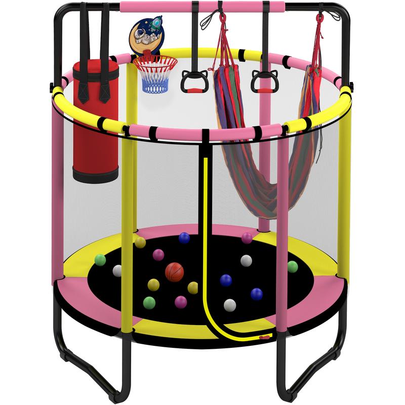 Linkyx Mini Round Trampoline for Kids with Basketball Hoop, 55'' Indoor Outdoor Toddler Trampoline with Enclosure Net, Swing, Sandbag, Ring, Ocean Balls, Small Trampoline Gift for Boys Girls
